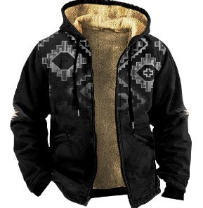 Men's Plaid Print Hooded Zip-Up Jacket Winter Thickened Cotton-padded Coat Warm Clothing